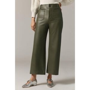 Anthropologie Maeve Colette Cropped Wide Leg Pants Faux Leather Holly Green 33